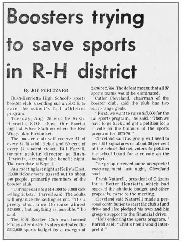A newspaper article from August 1975 about the sports boosters club